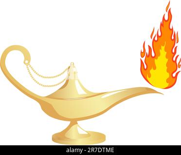 Aladdin`s lamp with fire. Vector illustration, isolated on a white. Stock Vector